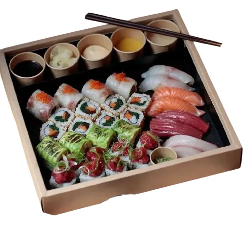 Pudełko papierowe na sushi 32x32x5cm kraft-czarne+przekładka.webp
