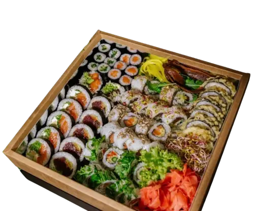 Pudełko papierowe na sushi 32x32x5cm kraft-srebrne+przekładka sushii.webp