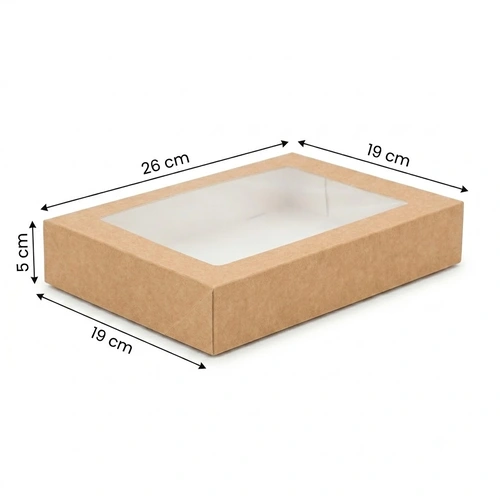 Pudełko na sushi z okienkiem 26x19x5cm kraft z wymiarami.webp