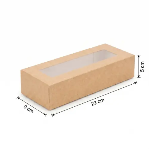 Pudełko na sushi z okienkiem 22x9x5cm kraft z wymiarami.webp