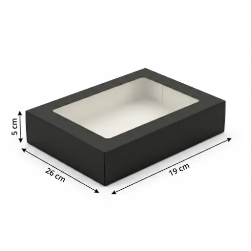 Pudełko na sushi z okienkiem 26x19x5cm czarne z wymiarami.webp