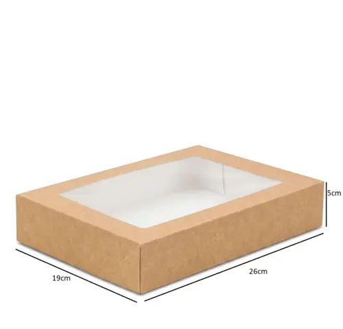 Pudełko na sushi z okienkiem 26x19x5cm kraft z wymiarami.webp
