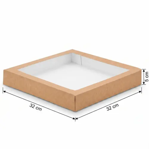 Pudełko na sushi z okienkiem 32x32x5cm kraft z wymiarami.webp