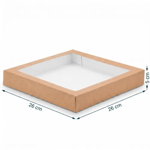 Pudełko na sushi z okienkiem 26x26x5cm kraft z wymiarami.webp