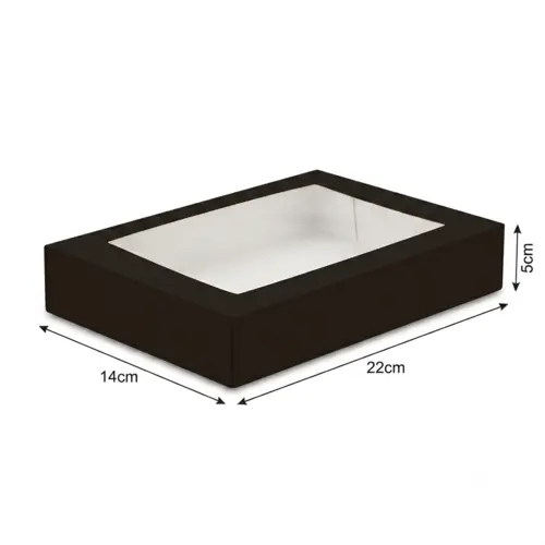 Pudełko papierowe na sushi z okienkiem 22x14x5cm czarne z wymiarami.webp