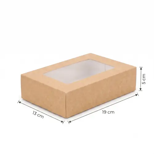 Pudełko na sushi z okienkiem, typ szuflada  19x13x5cm kraft z wymiarami.webp