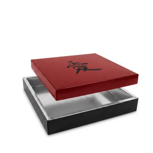 Pudełko na sushi z wkładką 32x32x5cm  czerwone ze znakiem japońskim.webp