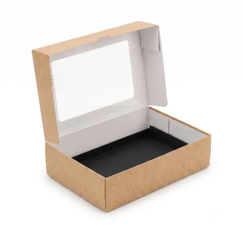 Wkładka czarna do pudełka na Sushi 22x14x5cm pudełko kraft  z okienkiem otwarte.webp
