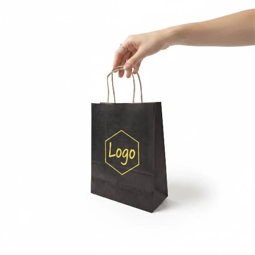 Torba papierowa MINI ECO 18x8x22,5cm czarna z logo w dłoni.webp
