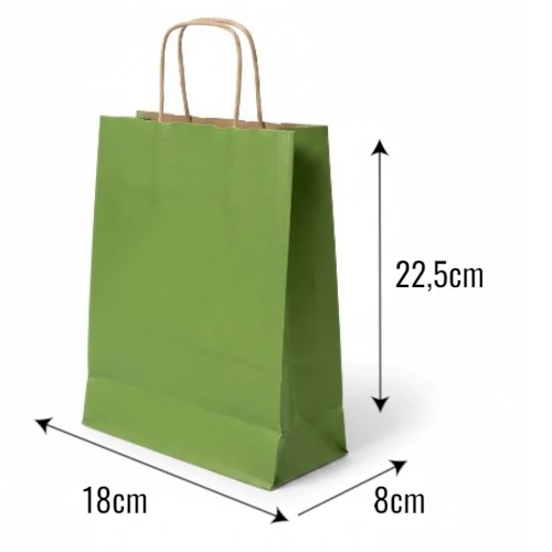 Torba papierowa MINI ECO 18x8x22,5cm jasnozielona z wymiarami.webp