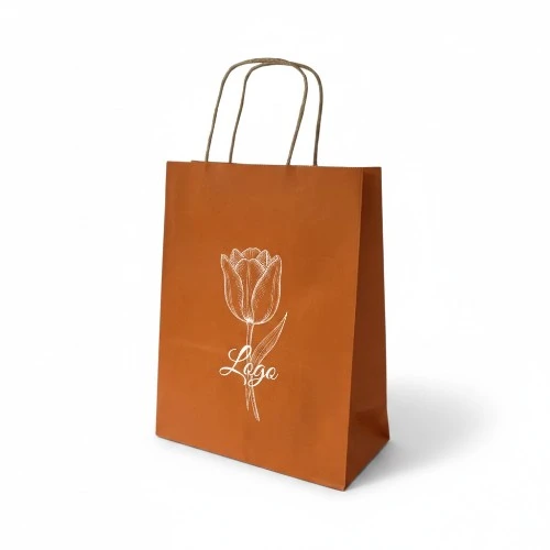 Torba papierowa MINI ECO 18x8x22,5cm pomarańczowa z logo białym.webp