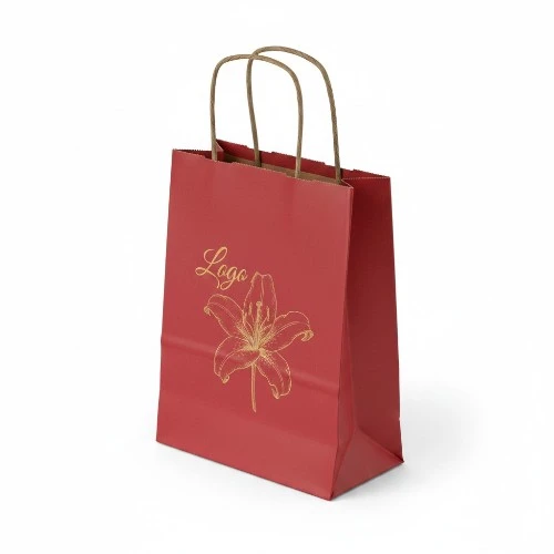 Torba papierowa MINI ECO 18x8x22,5cm czerwona z złotym logo.webp