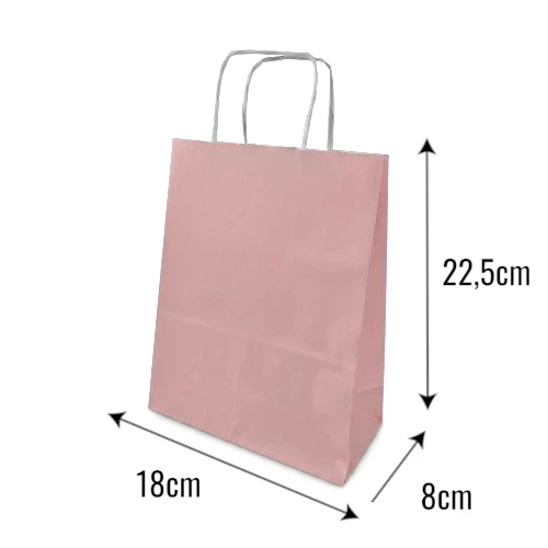 Torba papierowa MINI PASTELE 18x8x22,5cm różowa z wymiarami.webp