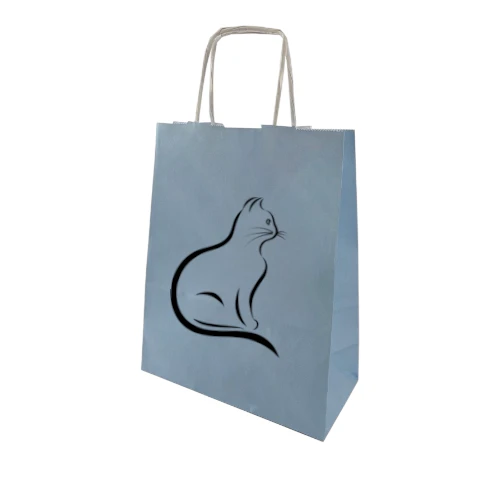 Torba papierowa MINI PASTELE 18x8x22,5cm błękitna z nadrukiem - czarnym kotem.webp