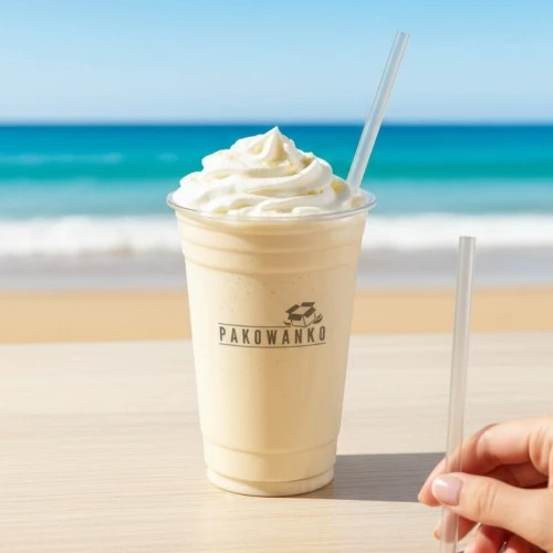 Kubek PET 300ml ø95mm z nadrukiem Pakowanko  tło plaża.webp