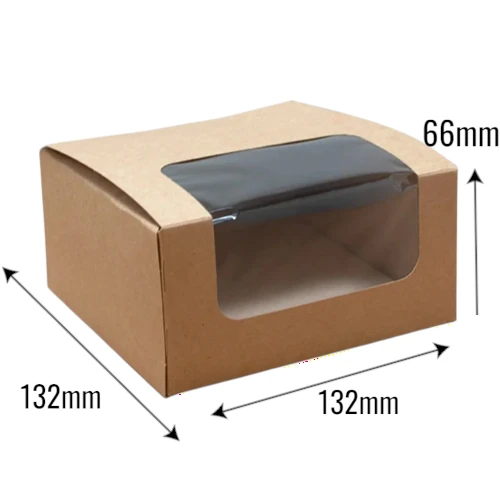 Pojemnik kartonowy z okienkiem łamanym 132x132x66mm dno auto kraft z wymiarami .webp