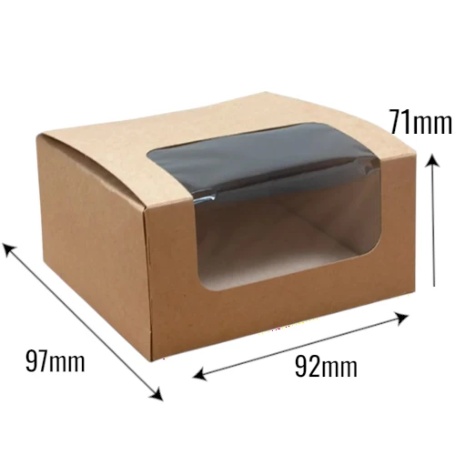 Pojemnik kartonowy z okienkiem łamanym 97x92x71mm dno auto kraft z wymiarami.webp